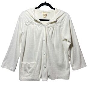 Vintage Sears White Terry Cloth Hooded‎ Cardigan Crochet Lace M Ivory Loungewear